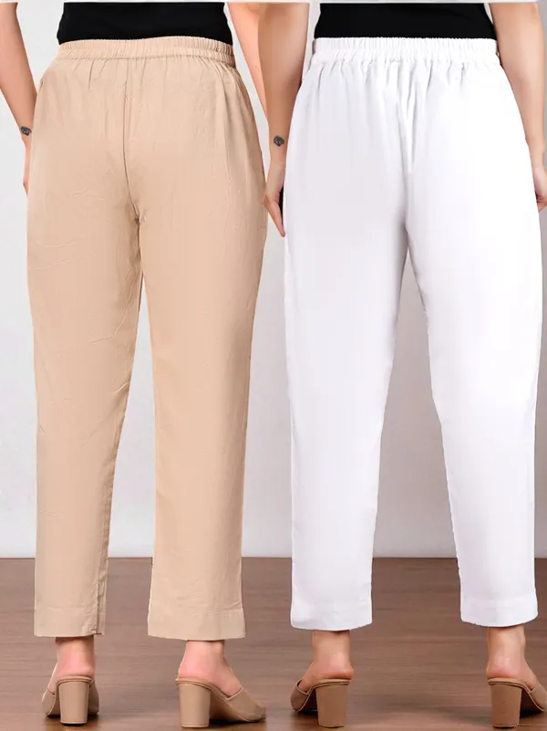 Pack_of_2_White_&_Cream_Cotton_Elastic_Mid_Waist_band_Women_Trouser