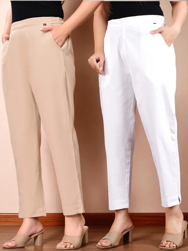Pack_of_2_White_&_Cream_Cotton_Elastic_Mid_Waist_band_Women_Trouser