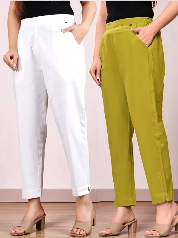 Pack_of_2_White_&_Green_Cotton_Elastic_Mid_Waist_band_Women_Trouser