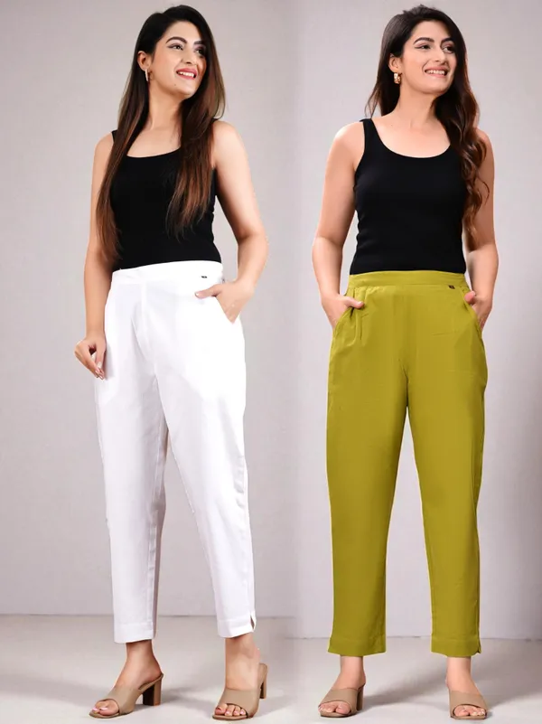 Pack_of_2_White_&_Green_Cotton_Elastic_Mid_Waist_band_Women_Trouser