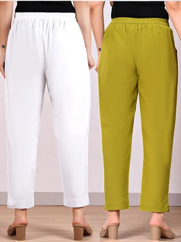 Pack_of_2_White_&_Green_Cotton_Elastic_Mid_Waist_band_Women_Trouser