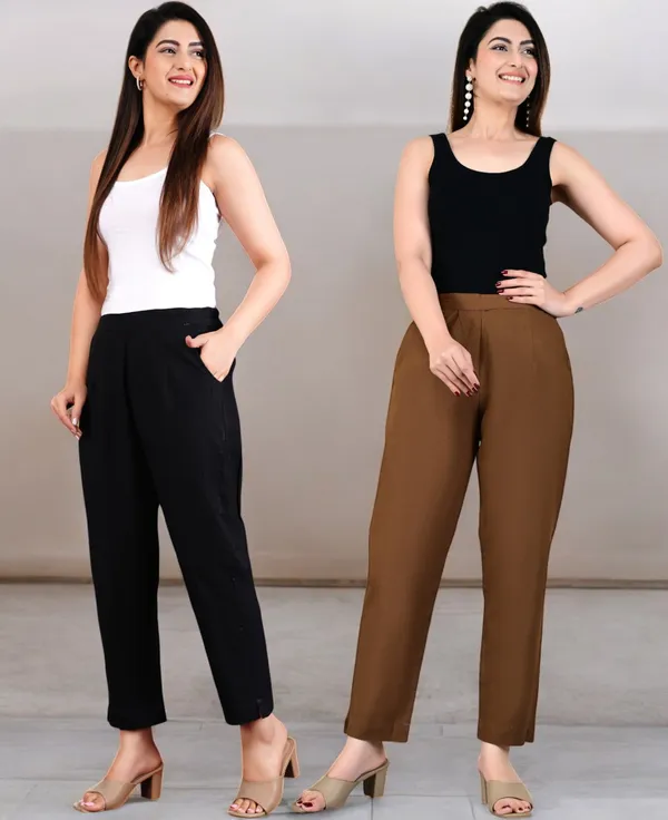 Pack_of_2_Black_&_Brown_Cotton_Elastic_Mid_Waist_band_Women_Trouser