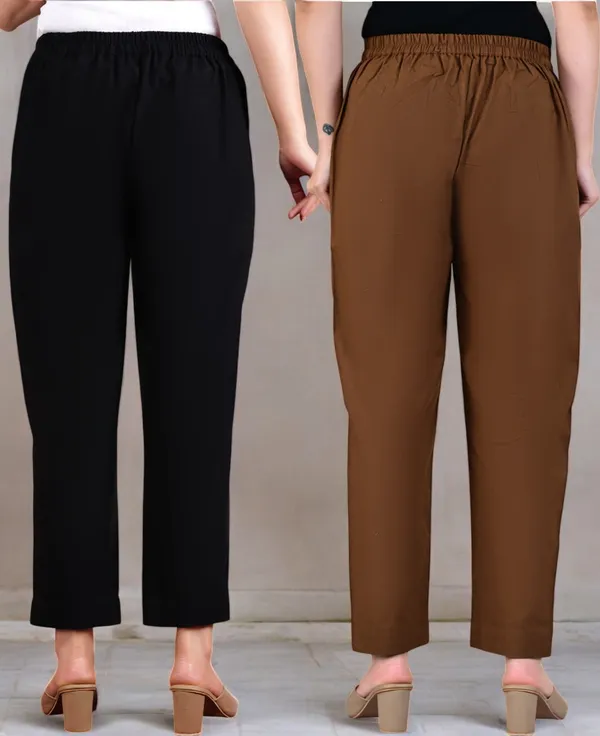 Pack_of_2_Black_&_Brown_Cotton_Elastic_Mid_Waist_band_Women_Trouser