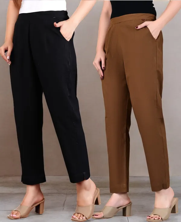Pack_of_2_Black_&_Brown_Cotton_Elastic_Mid_Waist_band_Women_Trouser