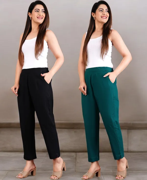 Pack_of_2_Black_&_Olive_Green_Elastic_Mid_Waist_band_Women_Trouser