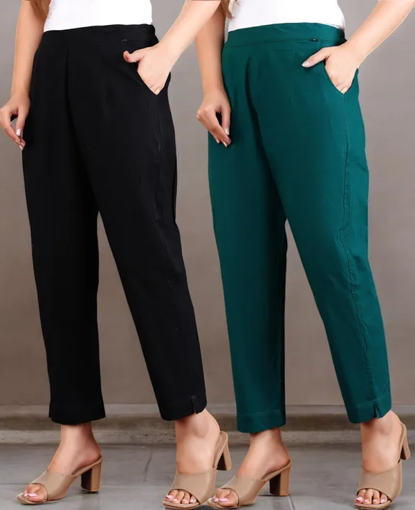 Pack_of_2_Black_&_Olive_Green_Elastic_Mid_Waist_band_Women_Trouser