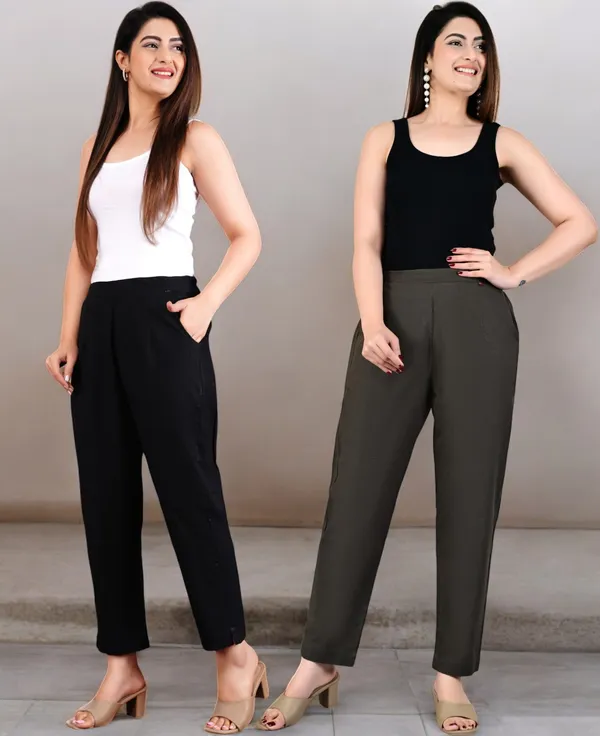 Pack_of_2_Black_&_Grey_Cotton_Elastic_Mid_Waist_band_Women_Trouser