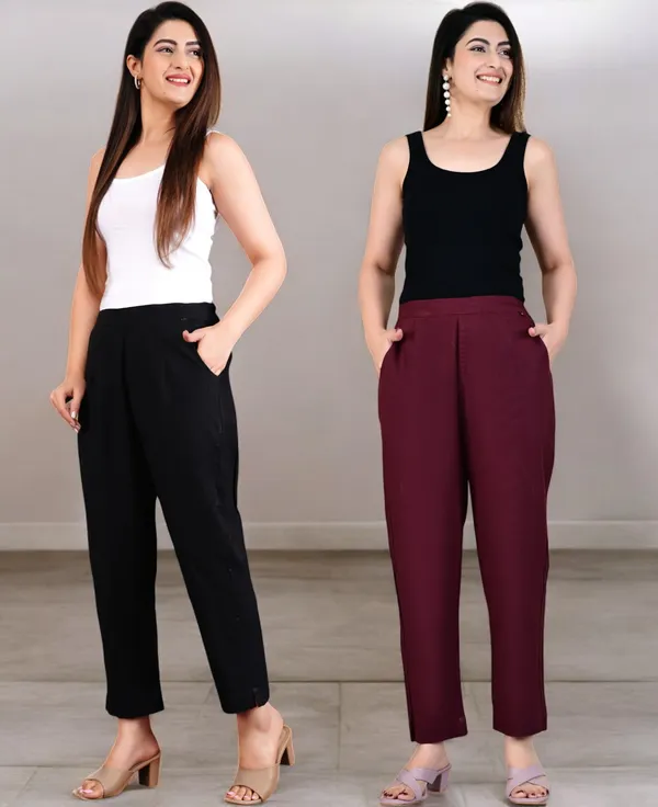 Pack_of_2_Black_&_Marron_Cotton_Elastic_Mid_Waist_band_Women_Trouser
