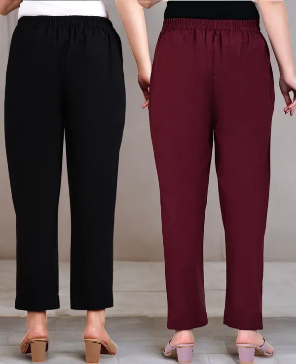 Pack_of_2_Black_&_Marron_Cotton_Elastic_Mid_Waist_band_Women_Trouser