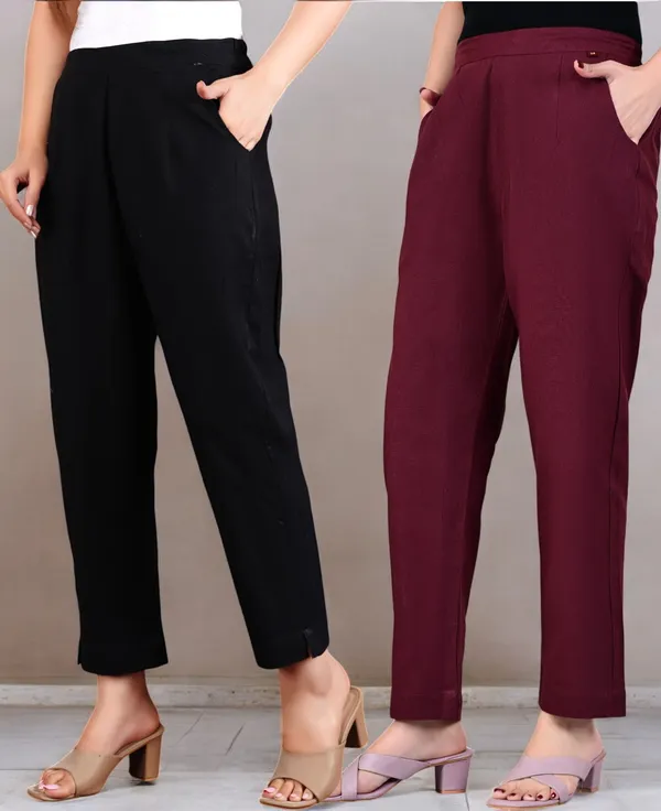 Pack_of_2_Black_&_Marron_Cotton_Elastic_Mid_Waist_band_Women_Trouser