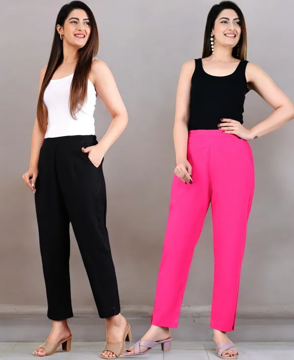 Pack_of_2_Black_&_Pink_Cotton_Elastic_Mid_Waist_band_Women_Trouser
