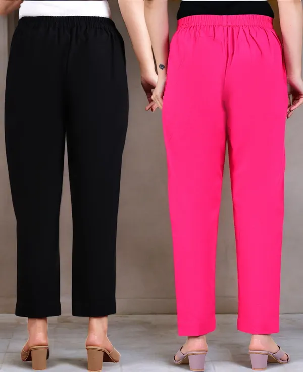 Pack_of_2_Black_&_Pink_Cotton_Elastic_Mid_Waist_band_Women_Trouser