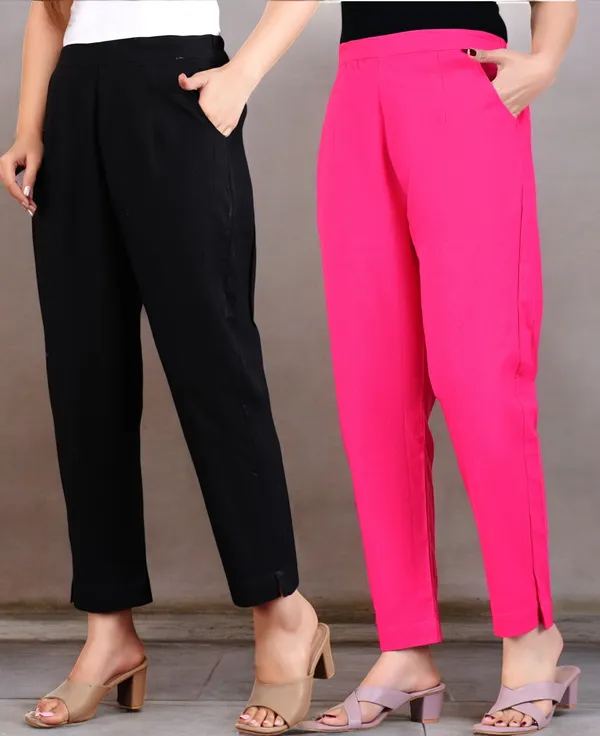 Pack_of_2_Black_&_Pink_Cotton_Elastic_Mid_Waist_band_Women_Trouser