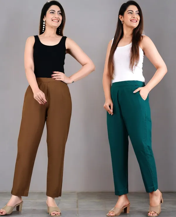 Pack_of_2_Brown_&_Olive_Green_Elastic_Mid_Waist_band_Women_Trouser
