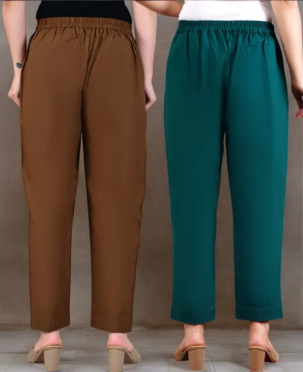 Pack_of_2_Brown_&_Olive_Green_Elastic_Mid_Waist_band_Women_Trouser