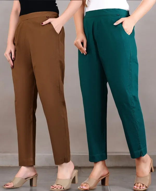 Pack_of_2_Brown_&_Olive_Green_Elastic_Mid_Waist_band_Women_Trouser