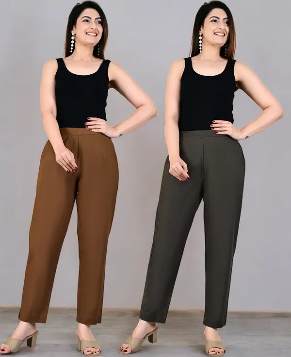 Pack_of_2_Brown_&_Grey_Cotton_Elastic_Mid_Waist_band_Women_Trouser