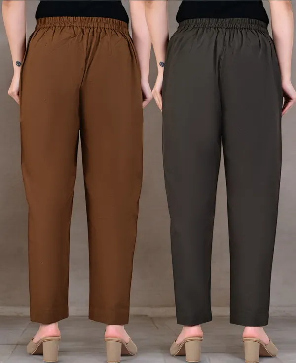 Pack_of_2_Brown_&_Grey_Cotton_Elastic_Mid_Waist_band_Women_Trouser