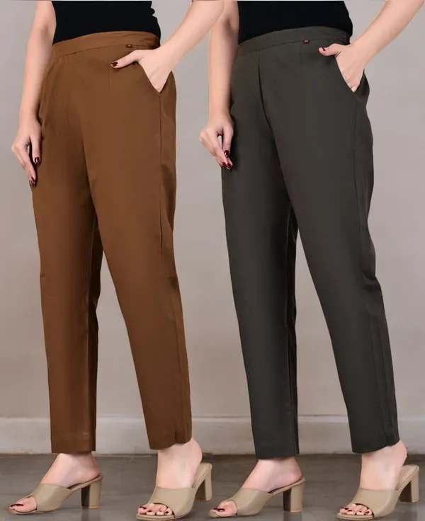Pack_of_2_Brown_&_Grey_Cotton_Elastic_Mid_Waist_band_Women_Trouser