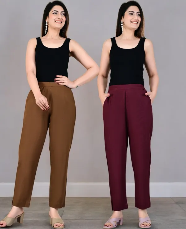 Pack_of_2_Brown_&_Maroon_Cotton_Elastic_Mid_Waist_band_Women_Trouser