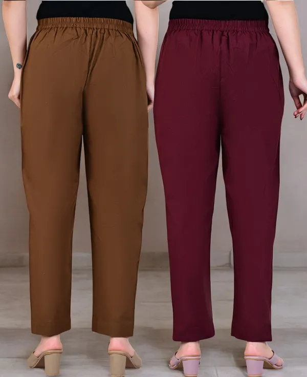 Pack_of_2_Brown_&_Maroon_Cotton_Elastic_Mid_Waist_band_Women_Trouser