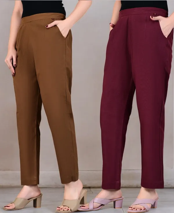 Pack_of_2_Brown_&_Maroon_Cotton_Elastic_Mid_Waist_band_Women_Trouser