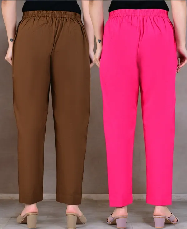 Pack_of_2_Brown_&_Pink_Cotton_Elastic_Mid_Waist_band_Women_Trouser