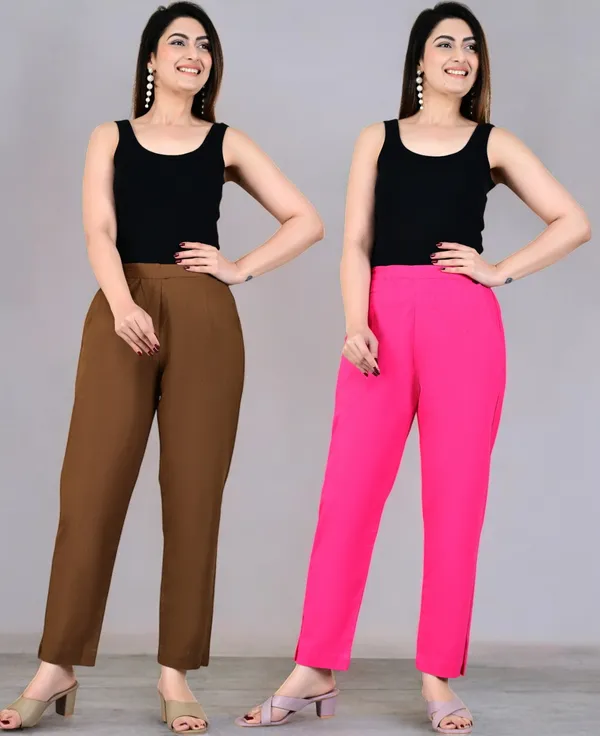 Pack_of_2_Brown_&_Pink_Cotton_Elastic_Mid_Waist_band_Women_Trouser