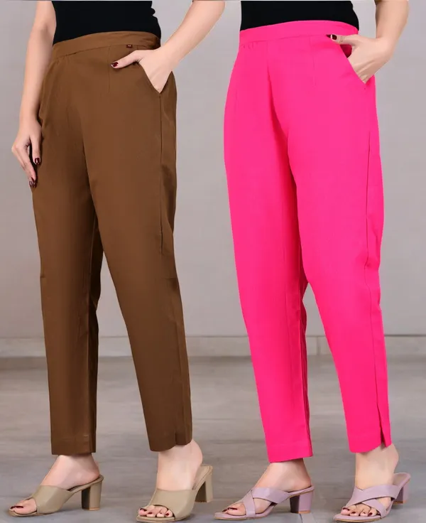 Pack_of_2_Brown_&_Pink_Cotton_Elastic_Mid_Waist_band_Women_Trouser