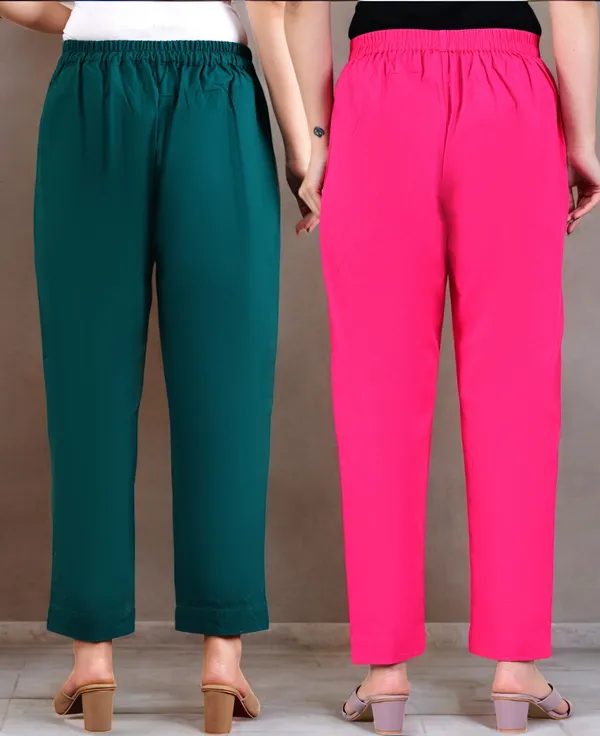 Pack_of_2_Olive_Green_&_Pink_Cotton_Elastic_Mid_Waist_band_Women_Trouser