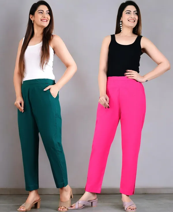 Pack_of_2_Olive_Green_&_Pink_Cotton_Elastic_Mid_Waist_band_Women_Trouser