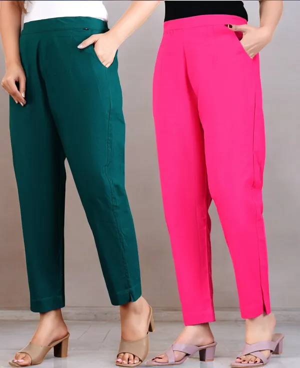 Pack_of_2_Olive_Green_&_Pink_Cotton_Elastic_Mid_Waist_band_Women_Trouser