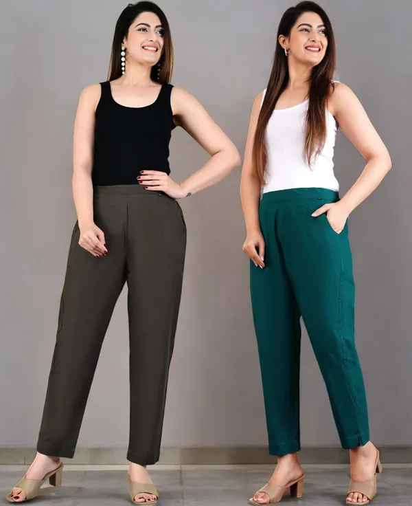 Pack_of_2_Grey_&_Olive_Green_Cotton_Elastic_Mid_Waist_band_Women_Trouser