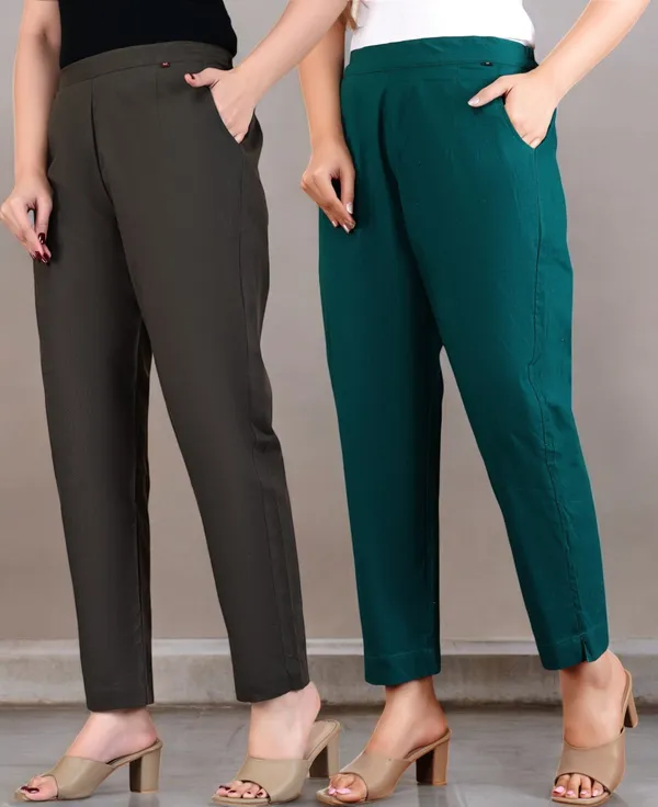 Pack_of_2_Grey_&_Olive_Green_Cotton_Elastic_Mid_Waist_band_Women_Trouser
