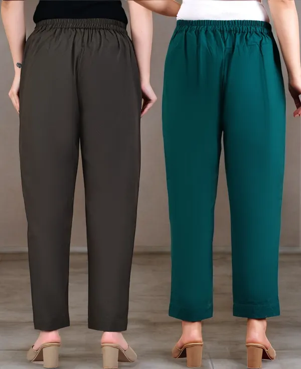 Pack_of_2_Grey_&_Olive_Green_Cotton_Elastic_Mid_Waist_band_Women_Trouser
