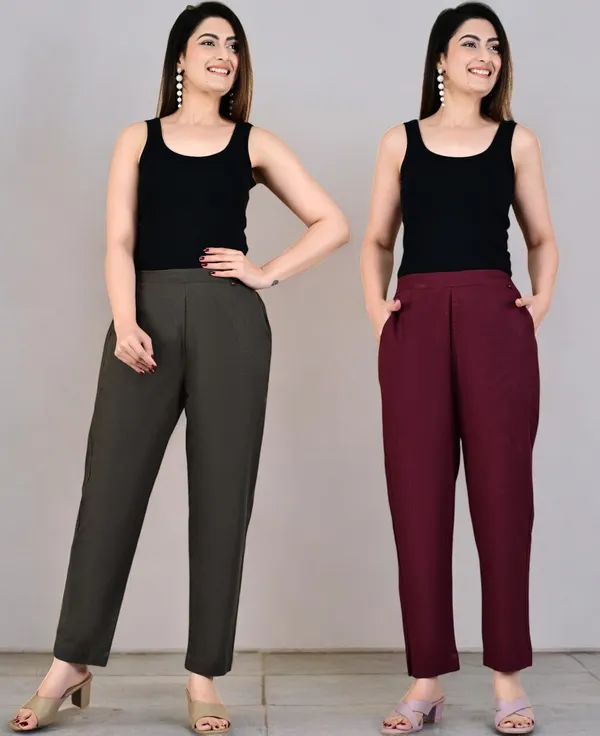 Pack_of_2_Grey_&_Maroon_Cotton_Elastic_Mid_Waist_band_Women_Trouser