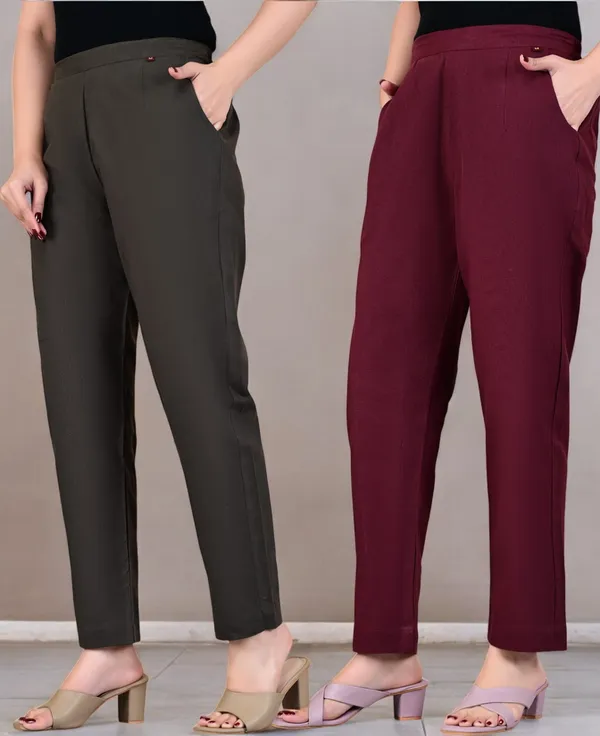 Pack_of_2_Grey_&_Maroon_Cotton_Elastic_Mid_Waist_band_Women_Trouser