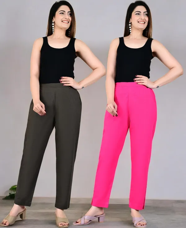 Pack_of_2_Grey_&_Pink_Cotton_Elastic_Mid_Waist_band_Women_Trouser