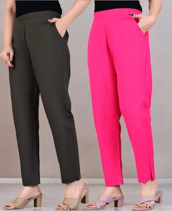 Pack_of_2_Grey_&_Pink_Cotton_Elastic_Mid_Waist_band_Women_Trouser