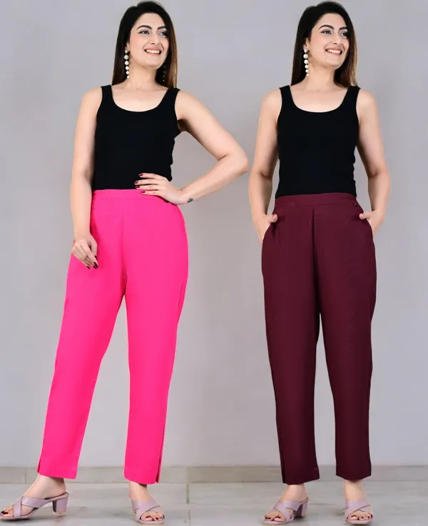 Pack_of_2_Pink_&_Maroon_Cotton_Elastic_Mid_Waist_band_Women_Trouser
