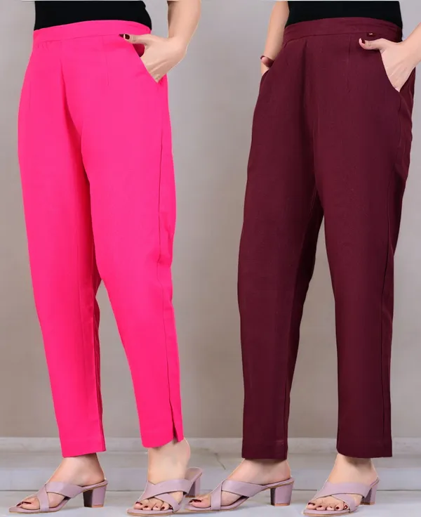 Pack_of_2_Pink_&_Maroon_Cotton_Elastic_Mid_Waist_band_Women_Trouser