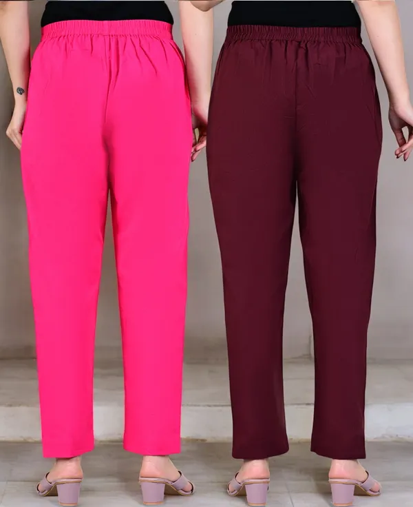 Pack_of_2_Pink_&_Maroon_Cotton_Elastic_Mid_Waist_band_Women_Trouser