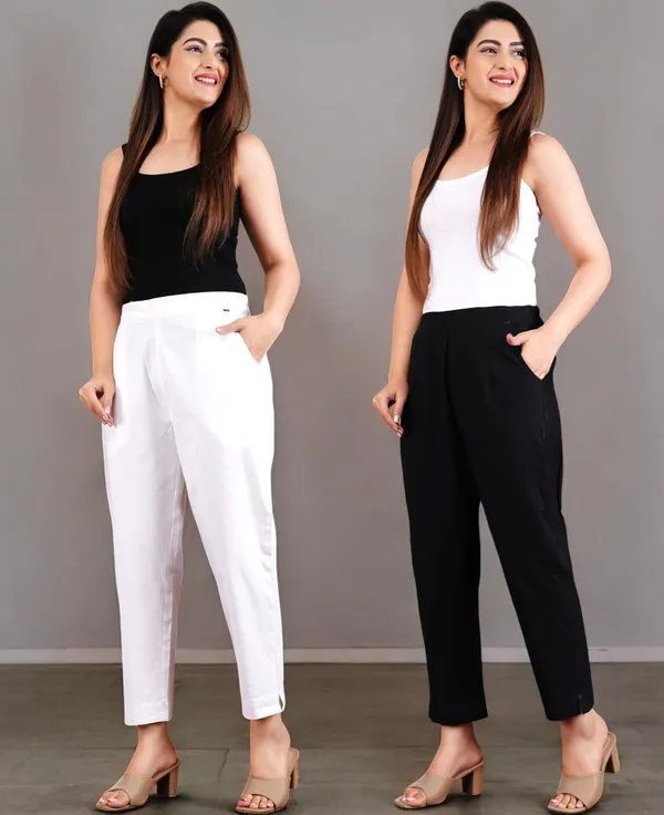 Pack_of_2_White_&_Black_Cotton_Elastic_Mid_Waist_band_Women_Trouser