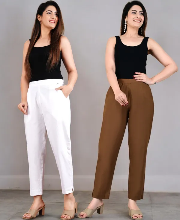 Pack_of_2_White_&_Brown_Cotton_Elastic_Mid_Waist_band_Women_Trouser