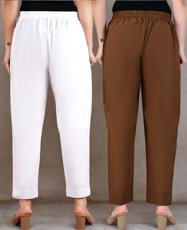 Pack_of_2_White_&_Brown_Cotton_Elastic_Mid_Waist_band_Women_Trouser