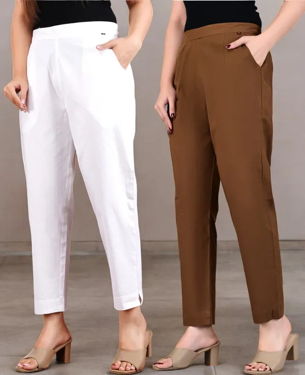 Pack_of_2_White_&_Brown_Cotton_Elastic_Mid_Waist_band_Women_Trouser