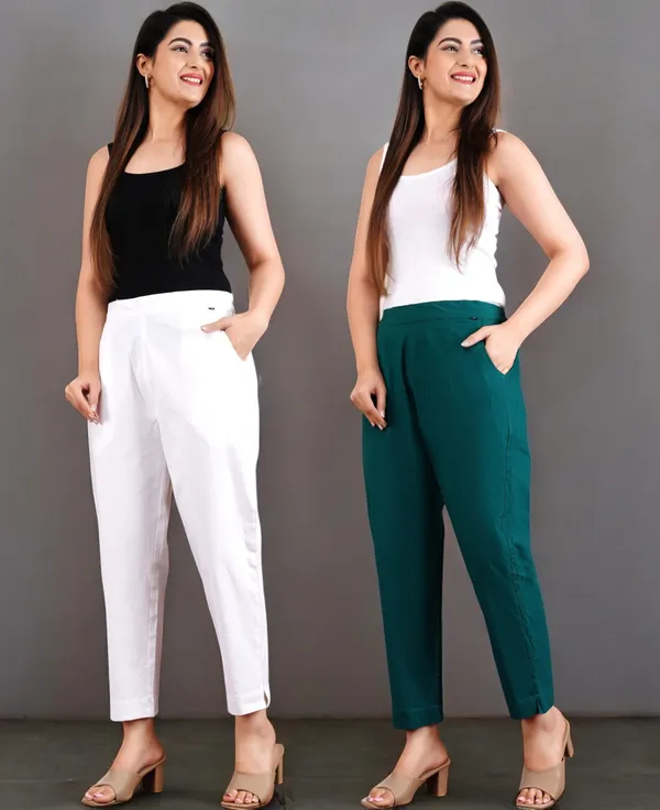 Pack_of_2_White_&_Olive_Green_Cotton_Elastic_Mid_Waist_band_Women_Trouser