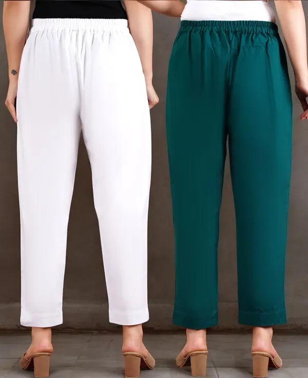 Pack_of_2_White_&_Olive_Green_Cotton_Elastic_Mid_Waist_band_Women_Trouser