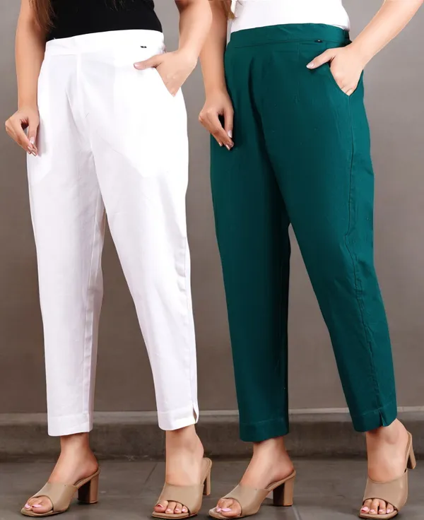 Pack_of_2_White_&_Olive_Green_Cotton_Elastic_Mid_Waist_band_Women_Trouser