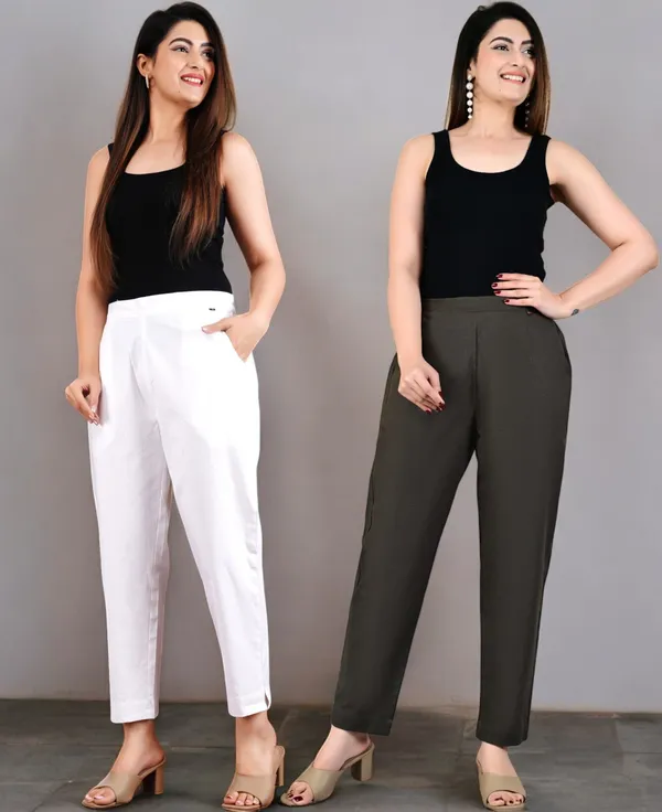Pack_of_2_White_&_Grey_Cotton_Elastic_Mid_Waist_band_Women_Trouser